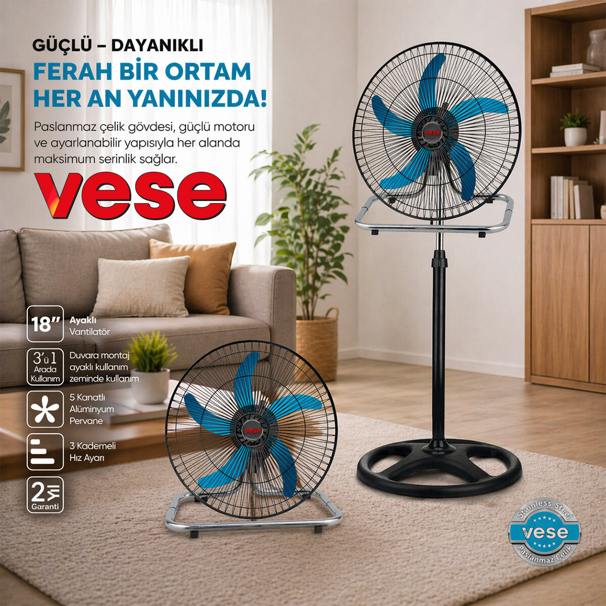 VESE VNT-003 ( 18" İNÇ ) ( 46CM ) ( SANAYİ ) TİPİ AYAKLI VANTİLATÖR ( 3 KADEME HIZ & 5 METAL KANAT ) ( 80W ) FAN*3=K VESE VNT-003 ( 18" İNÇ ) ( 46CM ) ( SANAYİ ) TİPİ AYAKLI VANTİLATÖR ( 3 KADEME HIZ & 5 METAL KANAT ) ( 80W ) FAN*3=K
