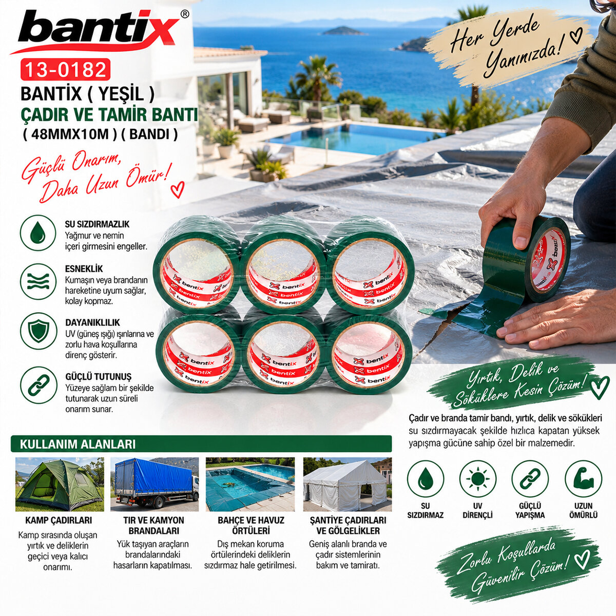BANTİX ( YEŞİL ) ÇADIR VE TAMİR BANTI ( 48MMX10M ) ( BANDI )*6X6 BANTİX ( YEŞİL ) ÇADIR VE TAMİR BANTI ( 48MMX10M ) ( BANDI )*6X6