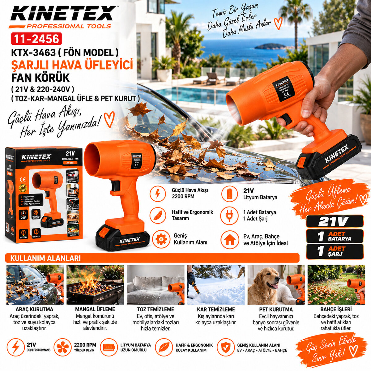 KINETEX KTX-3463 ( FÖN MODEL) ( ŞARJLI ) HAVA ÜFLEYİCİ FAN KÖRÜK ( 21V & 220-240V ) ( TOZ-KAR-MANGAL ÜFLE & PET KURUT ) ÜFLEME*10 KINETEX KTX-3463 ( FÖN MODEL) ( ŞARJLI ) HAVA ÜFLEYİCİ FAN KÖRÜK ( 21V & 220-240V ) ( TOZ-KAR-MANGAL ÜFLE & PET KURUT ) ÜFLEME*10