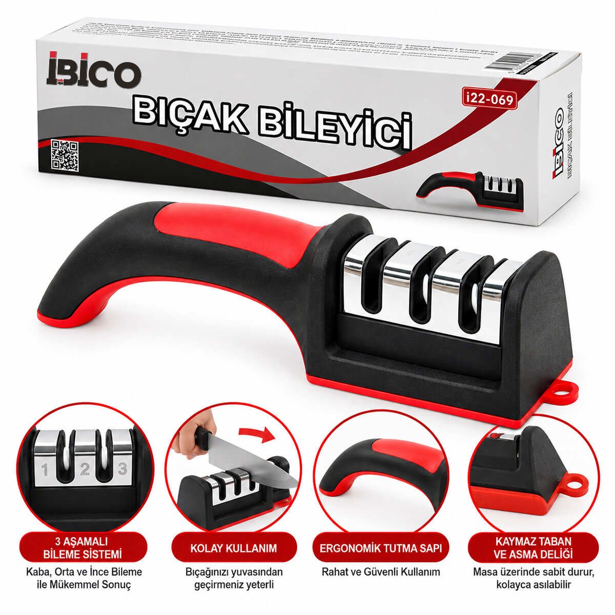 İBİCO İ22-069 BIÇAK BİLEYİCİ BİLEME ( 3 BOĞUMLU=KROM KAPLAMA ) ( RENKLİ PLASTİK GÖVDE & SAP ) ( KUTULU AMBALAJ )*144