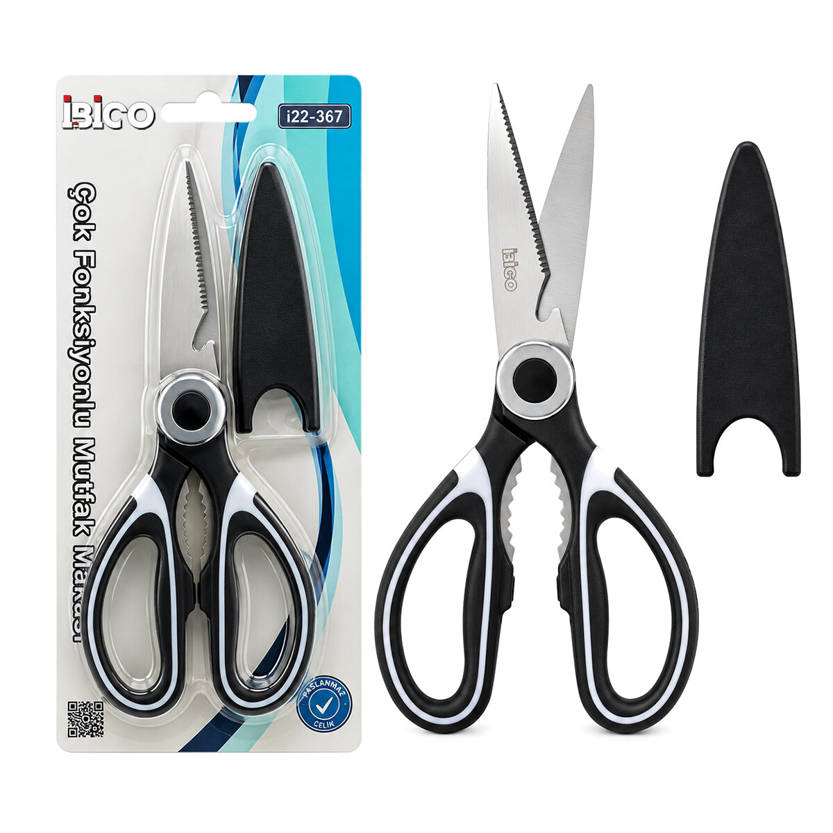 İBİCO İ22-367 ( 4IN1 ) ( ÇOK AMAÇLI ) MUTFAK MAKASI ( 20CM ) ( KIRACAK & AÇACAK & KESİCİ & MAKAS ) ( MAKAS AĞZI PLS.KILIF KAPAK )*12X20 İBİCO İ22-367 ( 4IN1 ) ( ÇOK AMAÇLI ) MUTFAK MAKASI ( 20CM ) ( KIRACAK & AÇACAK & KESİCİ & MAKAS ) ( MAKAS AĞZI PLS.KILIF KAPAK )*12X20