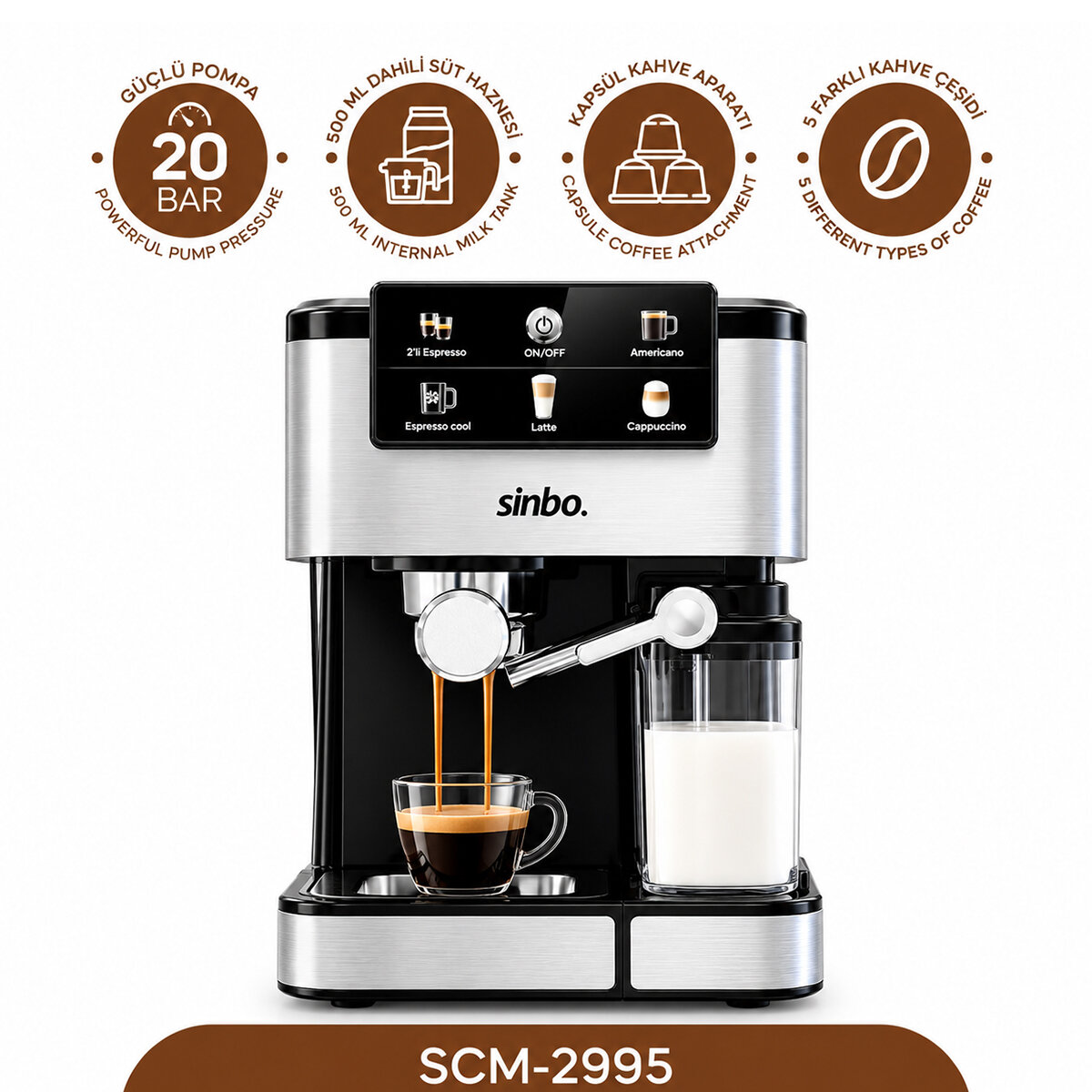 SİNBO SCM-2995 ( SİYAH & KROM ) ESPRESSO KAHVE MAKİNESİ ( 6 FARKLI KAHVE ) ( 1.5LT SU HAZNE & 500ML SÜT HAZNE ) 1350W*1
