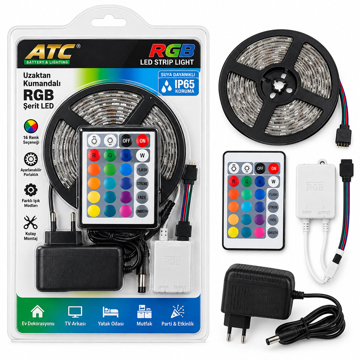ATC ( 5MT ) (KUMANDALI & ADAPTÖRLÜ) (RGB RENKLİ) ŞERİT LED (IP65=SU GEÇİRMEZ) (SMD=2835) (54LEDs/m)*40 ATC ( 5MT ) (KUMANDALI & ADAPTÖRLÜ) (RGB RENKLİ) ŞERİT LED (IP65=SU GEÇİRMEZ) (SMD=2835) (54LEDs/m)*40