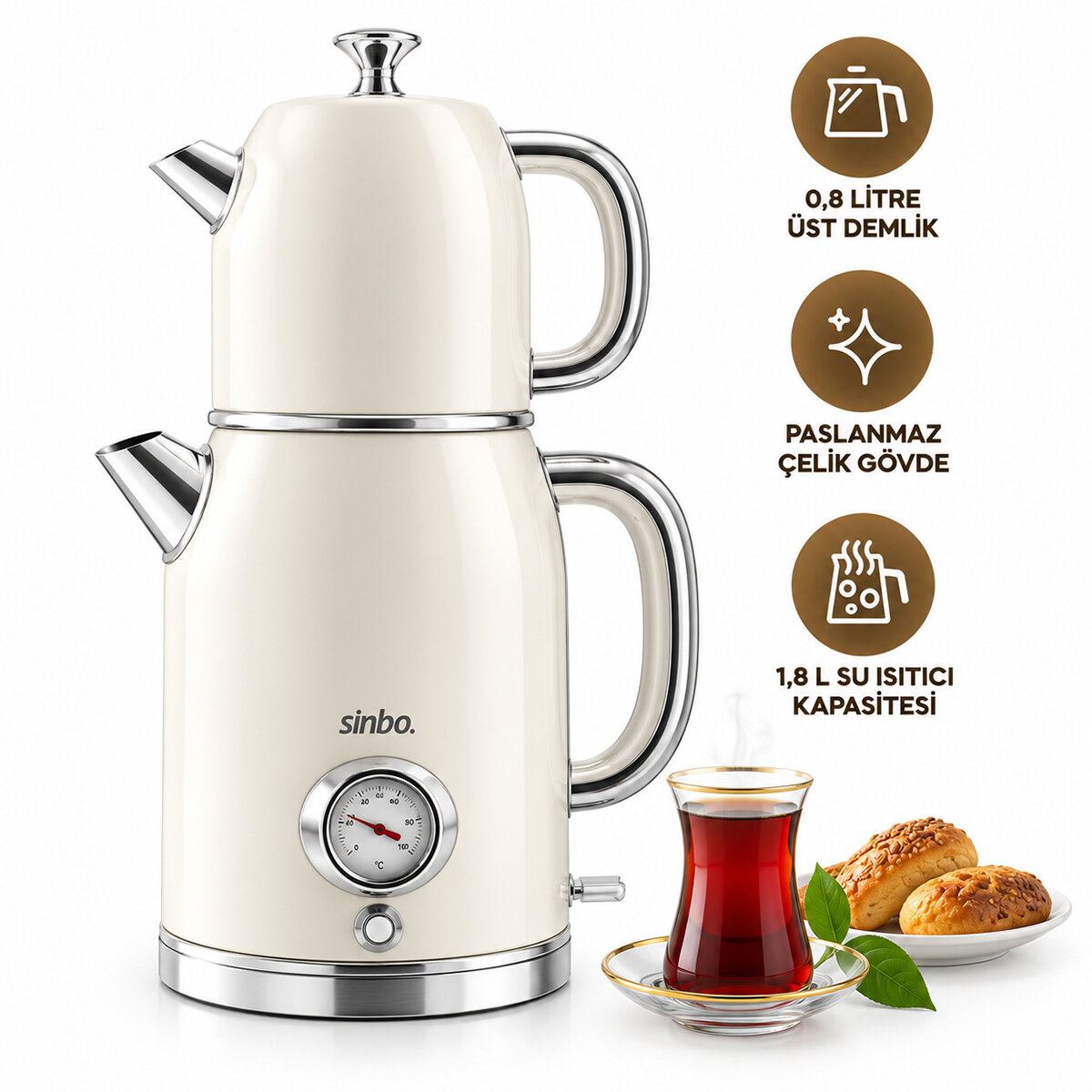 SİNBO STM-5849 KREM ( ELEKTRİKLİ ) ( CAM DEMLİKLİ ) ( PLASTİK ) RETRO ÇAY SETİ ÇAYCI ( DERECE GÖSTERGELİ ) ( 1600W ) ( 1.8LT & 1LT )*4