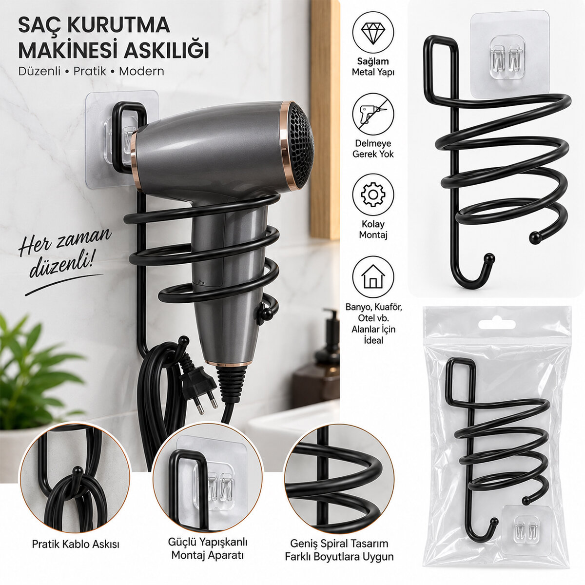 ORSA-915 ( SİYAH & METAL ) FÖNLÜK FÖN MAKİNE ASKISI ( KARE MACUN YAPIŞKANLI ) (10X11X15CM)*6=K ORSA-915 ( SİYAH & METAL ) FÖNLÜK FÖN MAKİNE ASKISI ( KARE MACUN YAPIŞKANLI ) (10X11X15CM)*6=K