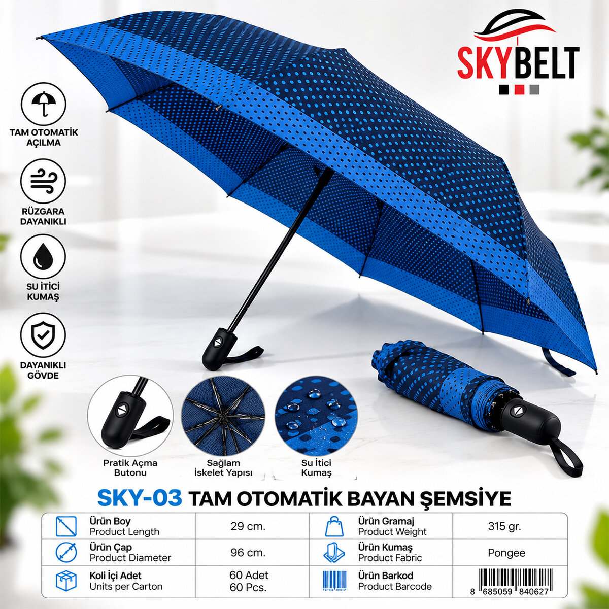 SKYBELT SKY-03 ( BAYAN ) ( TAM OTOMATİK ) ŞEMSİYE ( RENKLİ DESENLİ ) ( 8 TELLİ )*12X5