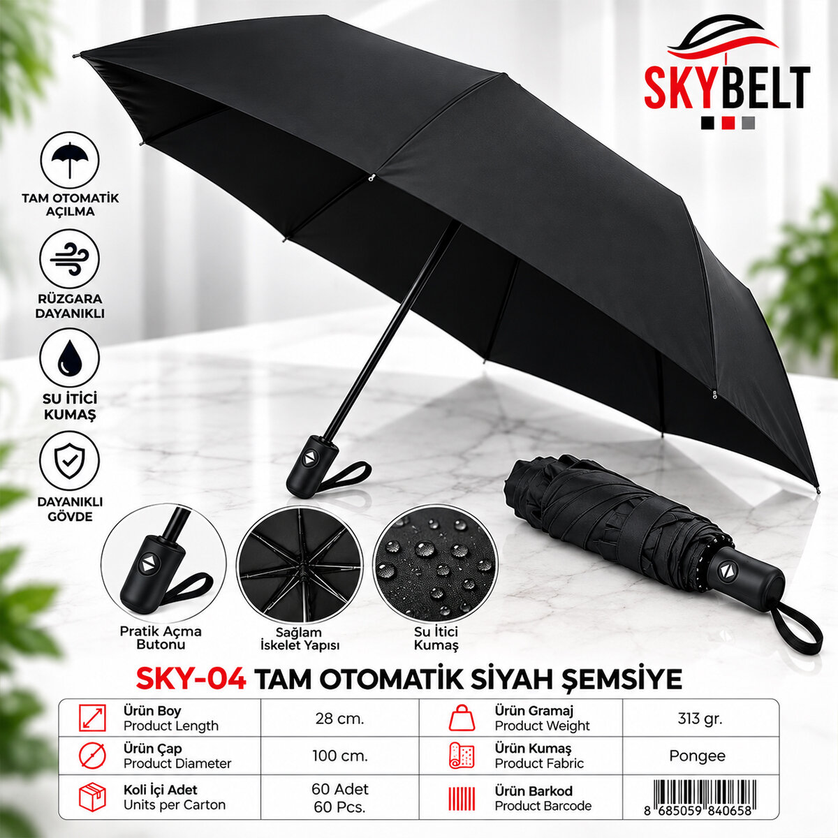 SKYBELT SKY-04 ( ERKEK & BAY & TAM OTOMATİK ) ERKEK ŞEMSİYE ( SİYAH )*12X5