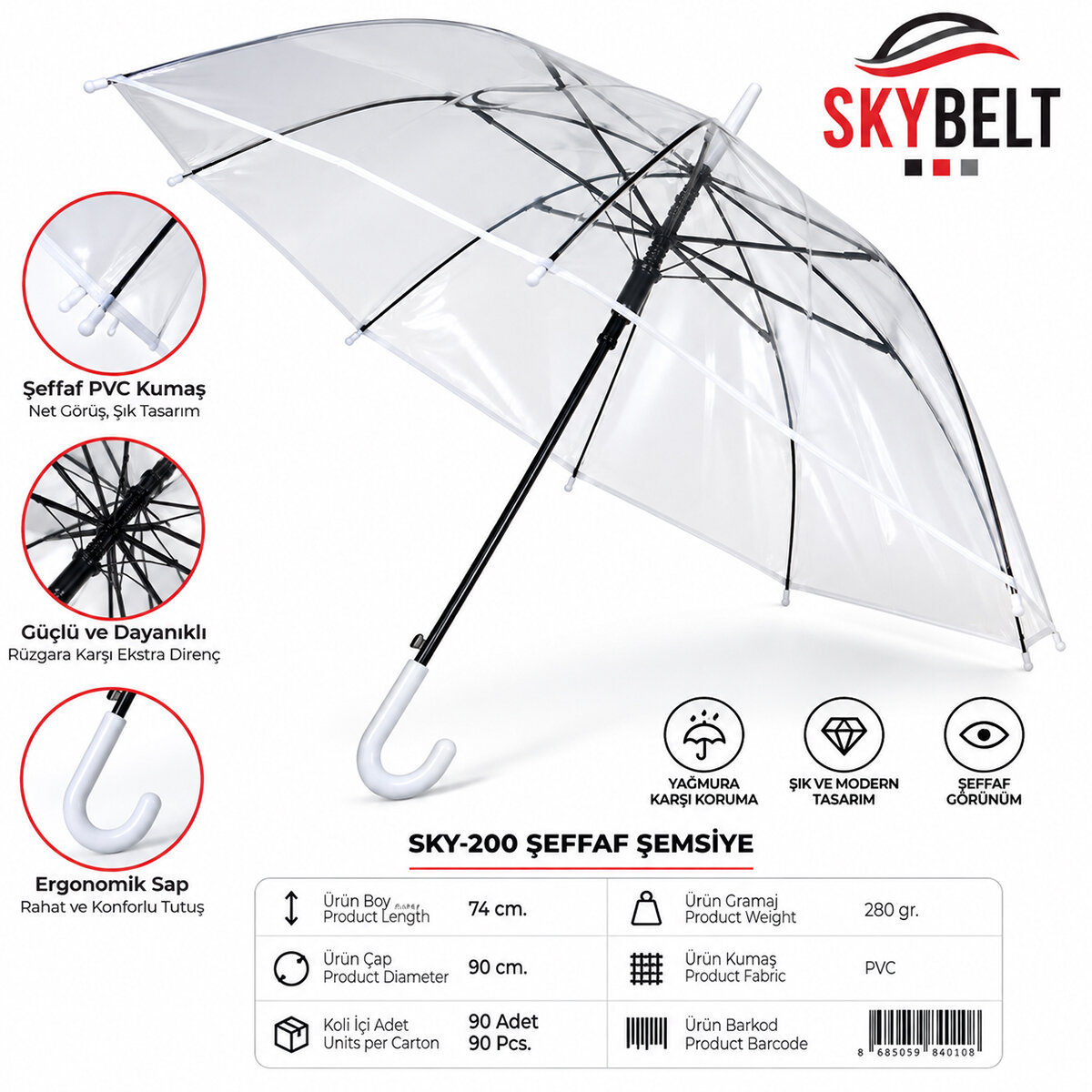 SKYBELT SKY-200 ( 8 TELLİ ) ŞEFFAF ŞEMSİYE ( FİBERGLASS )*90