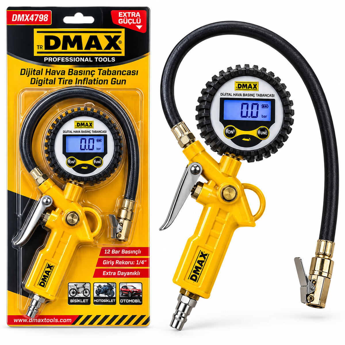 DMAX DMX-4798 ( DİJİTAL ) HAVA ÖLÇME & LASTİK ŞİŞİRME TABANCASI ( 12 BAR BASINÇLI & 1/4 REKOR )*50 DMAX DMX-4798 ( DİJİTAL ) HAVA ÖLÇME & LASTİK ŞİŞİRME TABANCASI ( 12 BAR BASINÇLI & 1/4 REKOR )*50