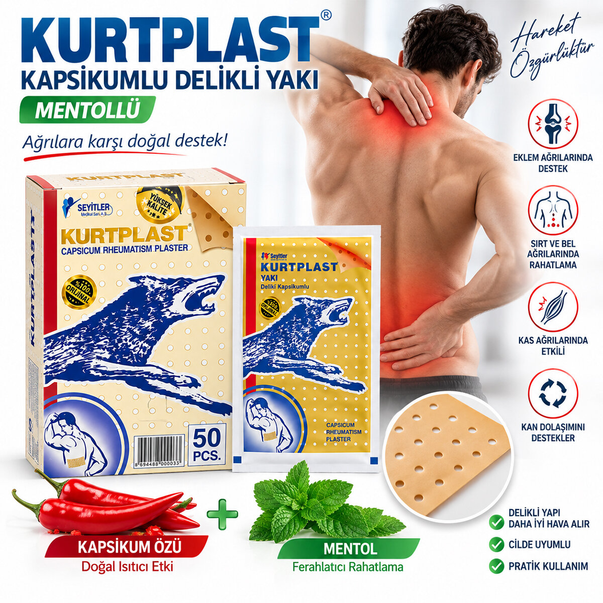 KURTPLAST ( KAPSİKUMLU ) MENTOLLÜ DELİKLİ YAKI*50X40