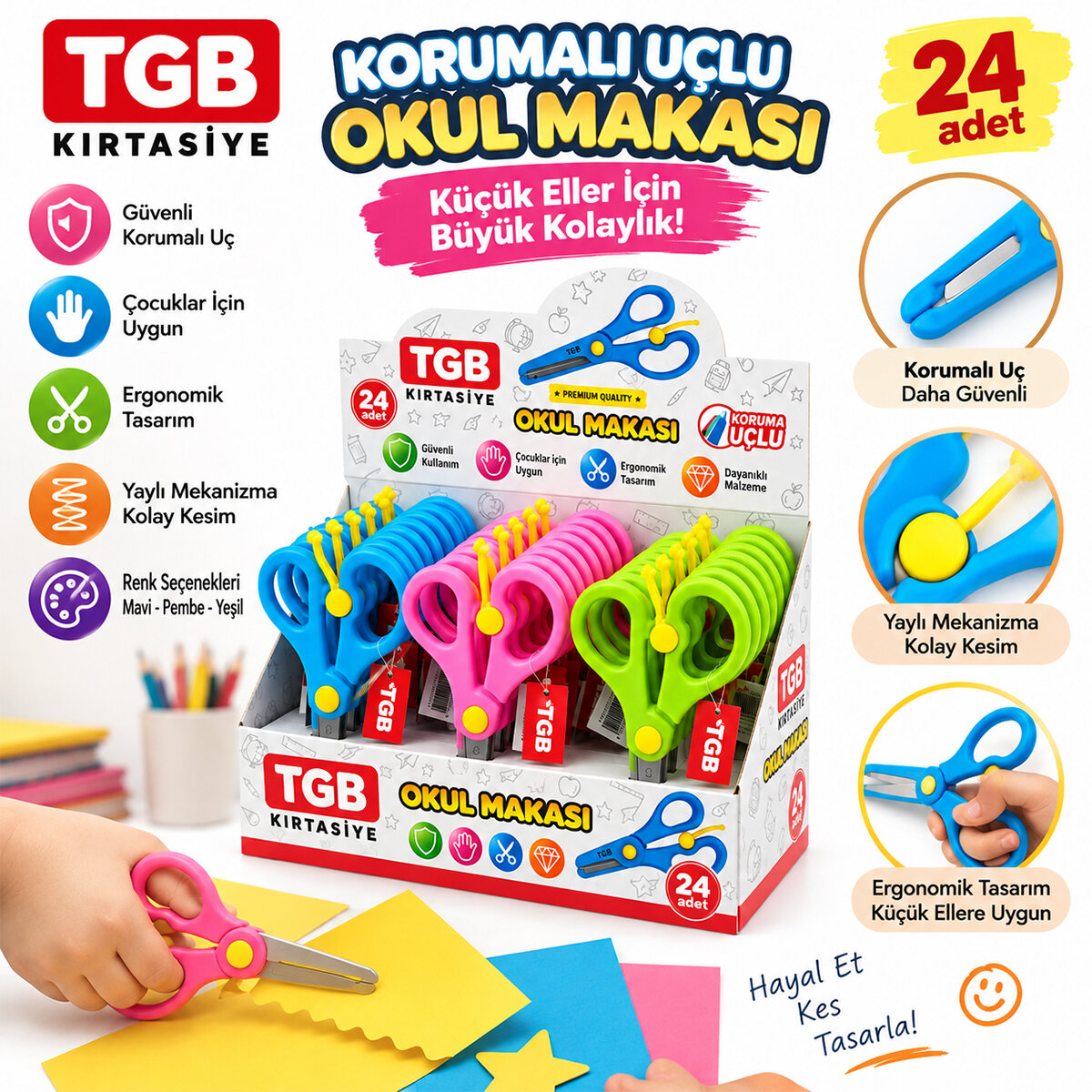 TGB-1525 OKUL KIRTASİYE MAKASI KORUMALI RENKLİ*24X40