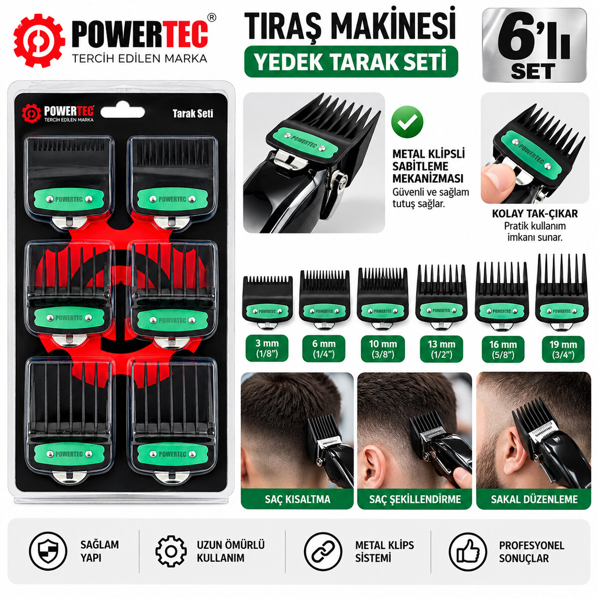 POWERTEC ( 6PCS ) MAKİNE TARAK SET ( SİYAH KLİPSİ )*100