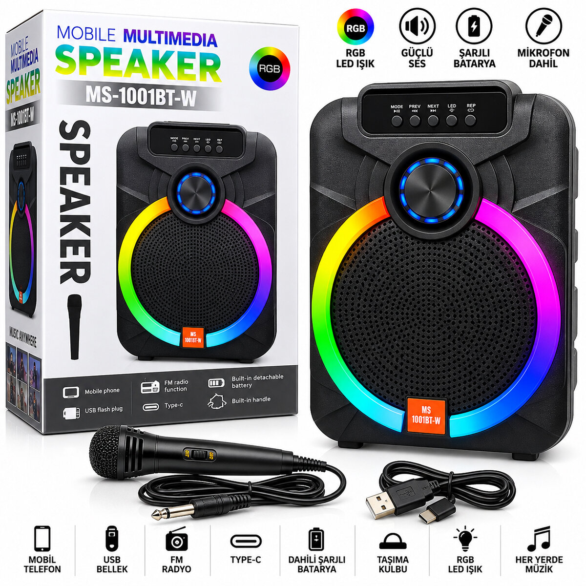 PLATOON MS-1001BT-2 PL-4800 ( 10" ) KARAOKE ( MİKROFONLU ) SPEAKER HOPARLÖR ( BT & SD & USB SARJLI ) ( RGB IŞIKLI) ( DC 5V & AUX )*6