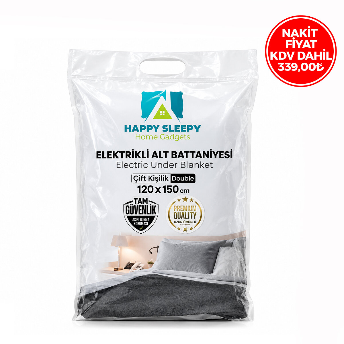 HAPPY SLEEPY HOME GADGET ( ELEKTRİKLİ ) BATTANİYE ( ÇİFT KİŞİLİK ) ( 120X150CM ) (220V-50Hz / 45/90W / 0.405A )*9=K