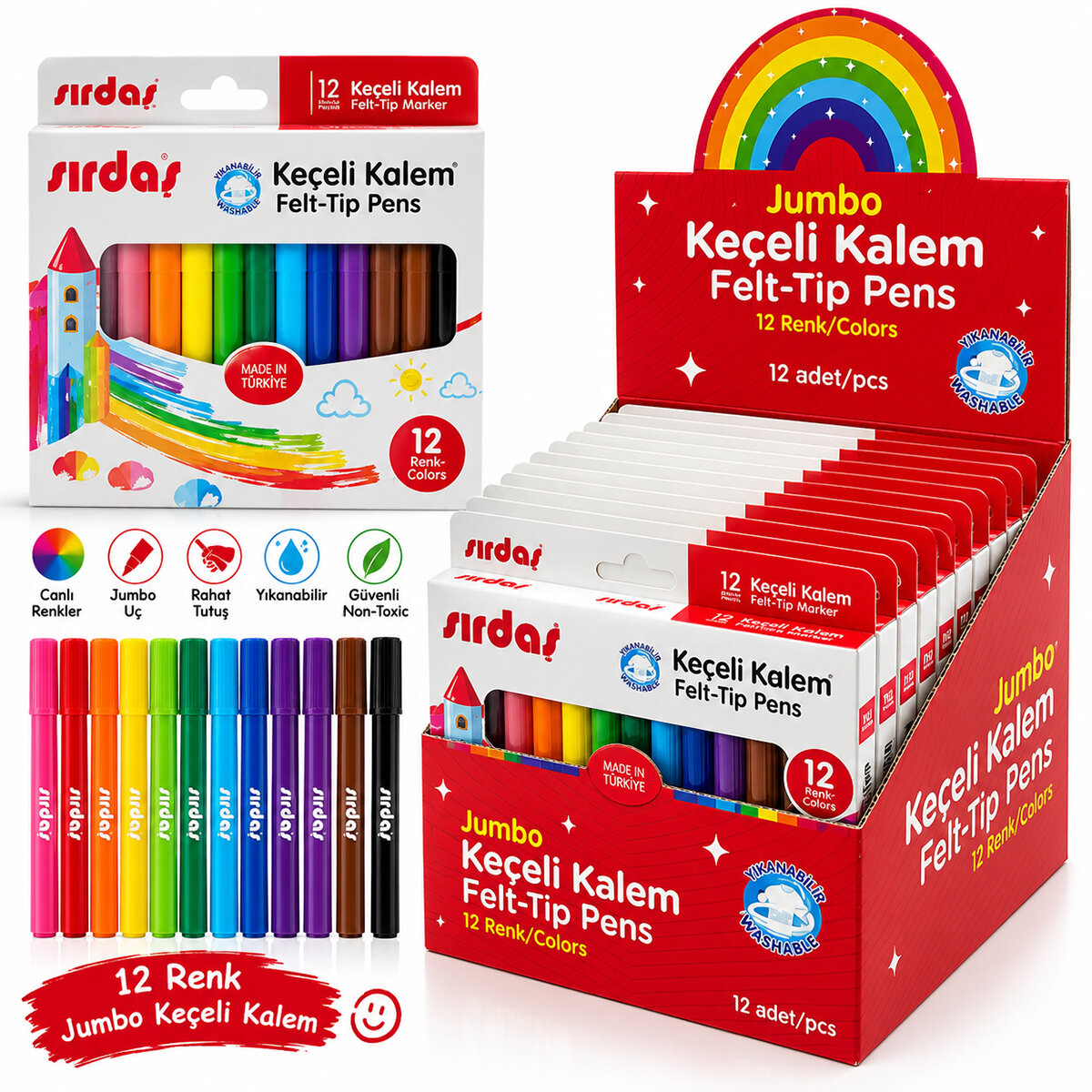 SIRDAŞ KOD-8012 ( 12PCS ) KEÇELİ KALEM ( KARIŞIK RENK )*12X12