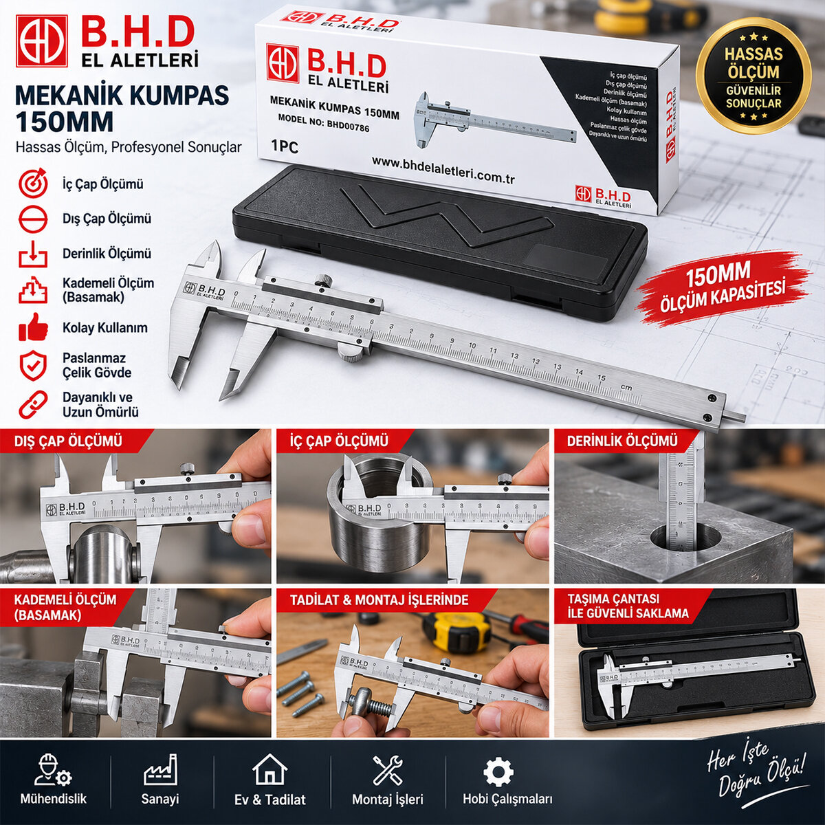 BHD0786( 0-150MM ) LRD-71 ( METAL ) MEKANİK KUMPAS ÖLÇÜ ALETİ ( PLASTİK KUTULU )*50