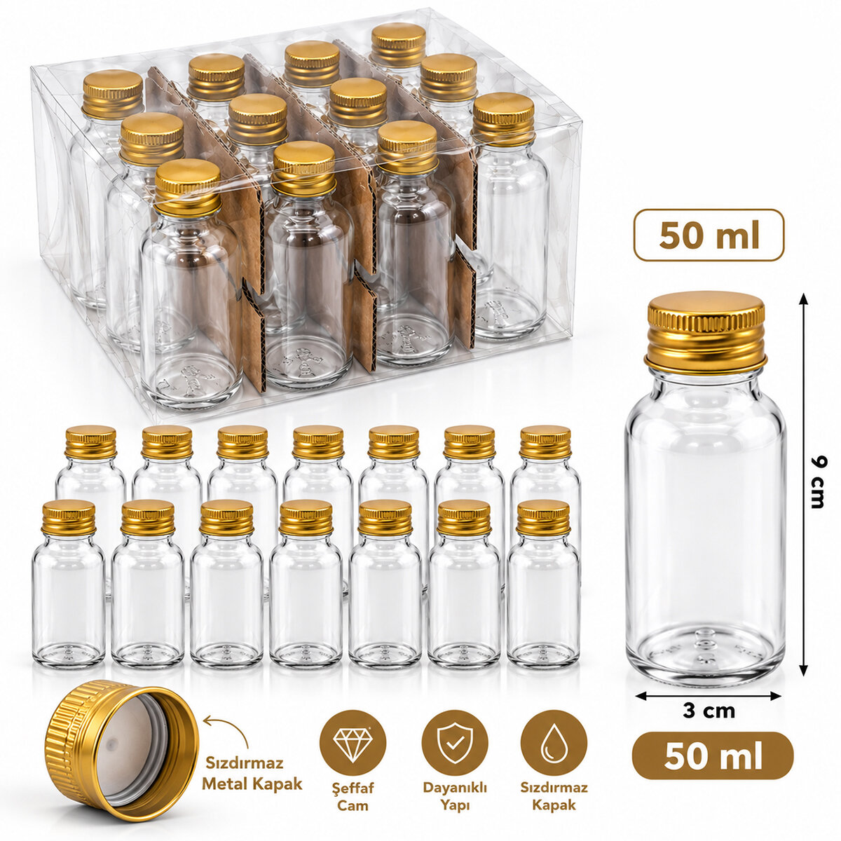 YAKUT-13863 ( 50ML ) ( ÇOK AMAÇLI & DEKORATİF ) ( BOŞ TÜP ) CAM ŞİŞE ( GOLD METAL KAPAKLI )*12X24