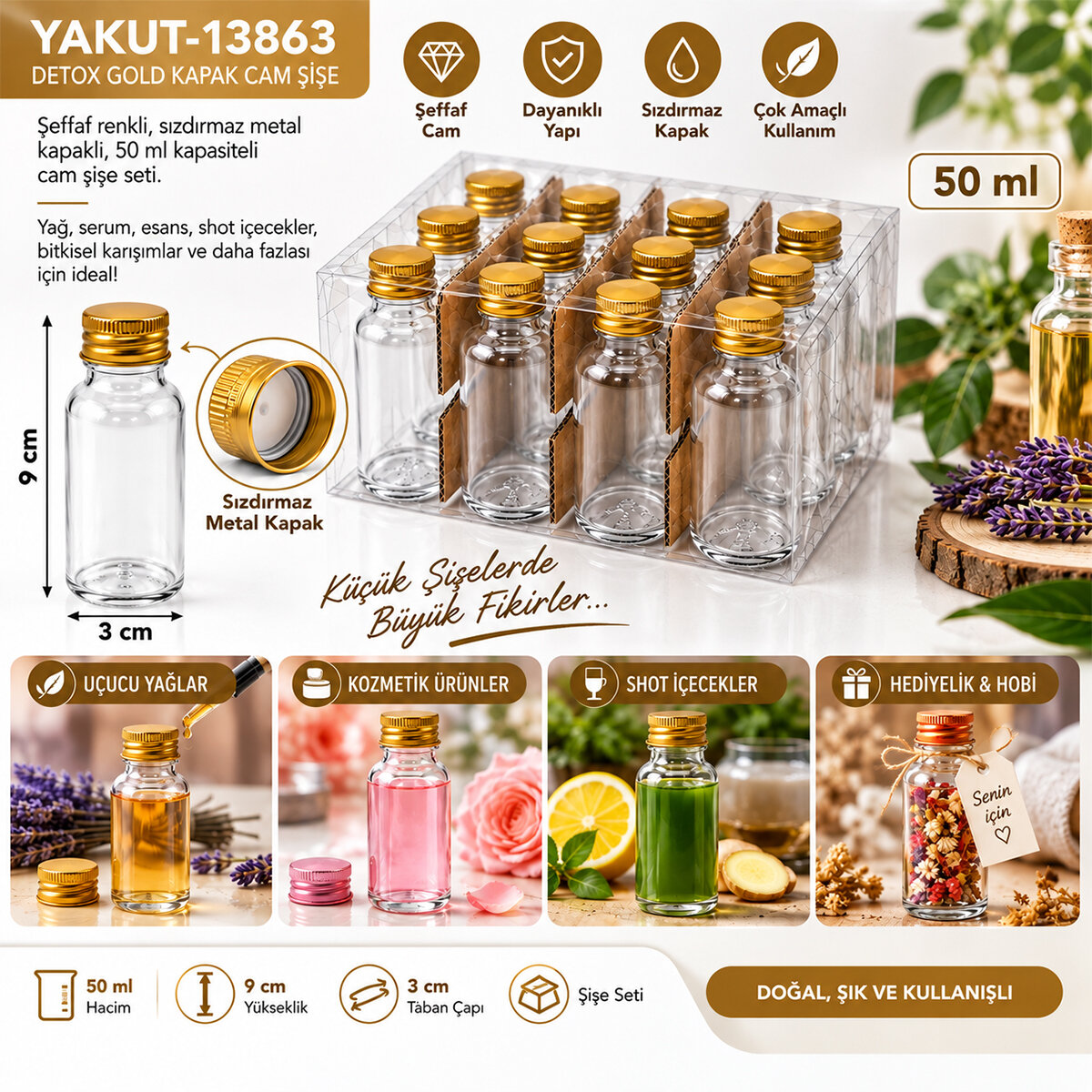YAKUT-13863 ( 50ML ) ( ÇOK AMAÇLI & DEKORATİF ) ( BOŞ TÜP ) CAM ŞİŞE ( GOLD METAL KAPAKLI )*12X24 YAKUT-13863 ( 50ML ) ( ÇOK AMAÇLI & DEKORATİF ) ( BOŞ TÜP ) CAM ŞİŞE ( GOLD METAL KAPAKLI )*12X24
