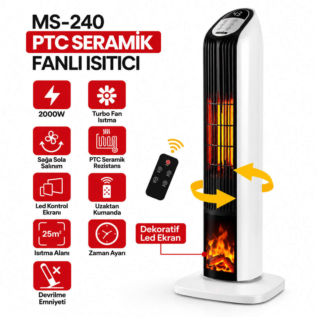 MARSSTAR MS-240 ( KUMANDALI ) ( SICAK ) ( DİK ) PTC SERAMİK FANLI ISITICI ( LED KONTROL EKRAN & DEVRİLME EMNiYET ) ( 2000W )*4