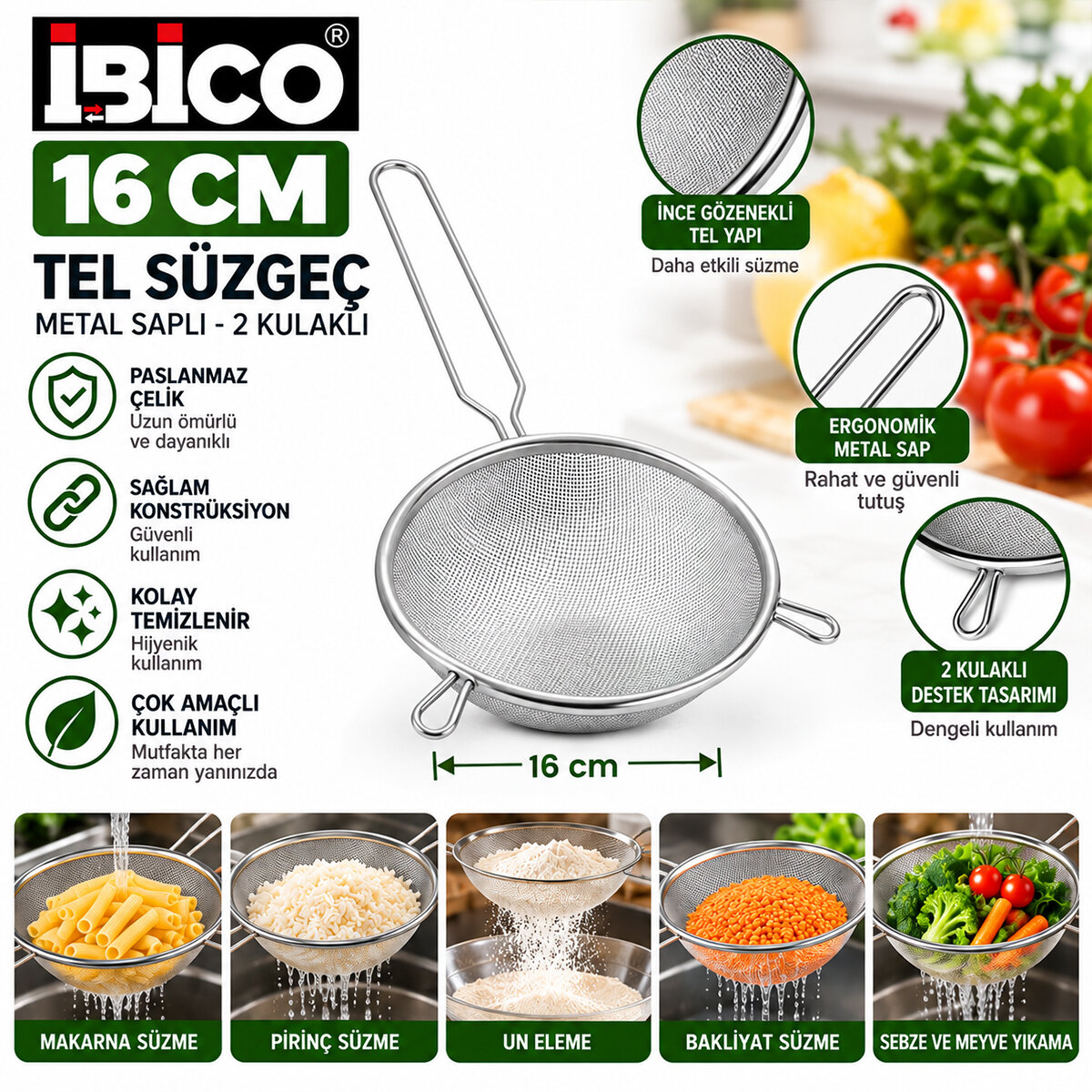 İBİCO İ22-300 ( 16CM ) ( METAL SAPLI ) ( 2 KULAKLI ) TEL SÜZGEÇ ( SAP: 15CM )*12X20 İBİCO İ22-300 ( 16CM ) ( METAL SAPLI ) ( 2 KULAKLI ) TEL SÜZGEÇ ( SAP: 15CM )*12X20