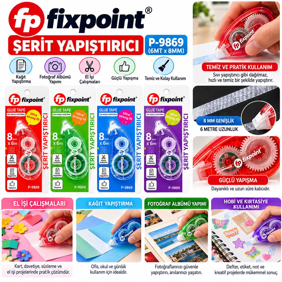 FİXPOİNT P-9869 ŞERİT YAPIŞTIRICI ( 6MTX8MM )*24X16