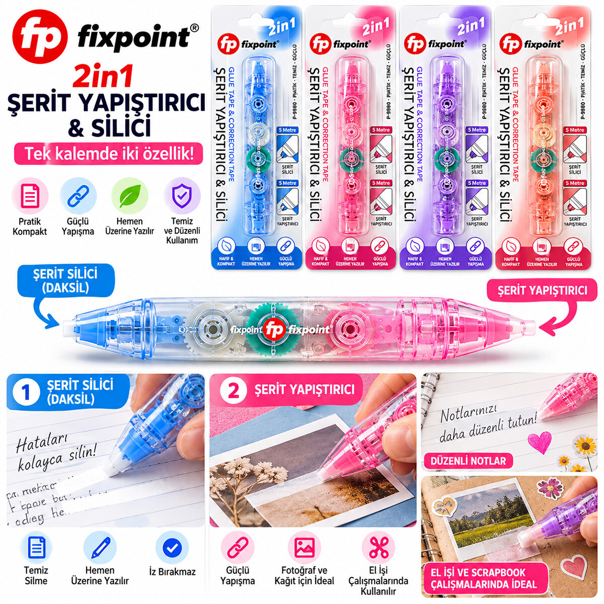 FİXPOİNT P-9890 ( 2İN1 ) ŞERİT YAPIŞTIRICI & DAKSİL SİLİCİ ( 5MMX5MT )*12X24