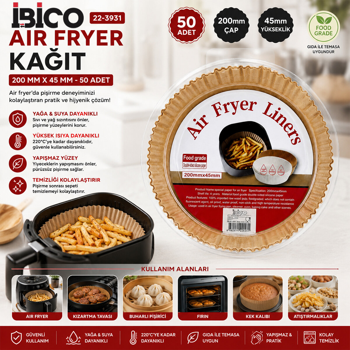 ENFA ENF-1580 ( 50PCS ) ( YUVARLAK TABAN: 20CM & KENAR: 4.5CM ) AİR FRYER PİŞİRME KALIP ( KAĞIT )*200 ENFA ENF-1580 ( 50PCS ) ( YUVARLAK TABAN: 20CM & KENAR: 4.5CM ) AİR FRYER PİŞİRME KALIP ( KAĞIT )*200