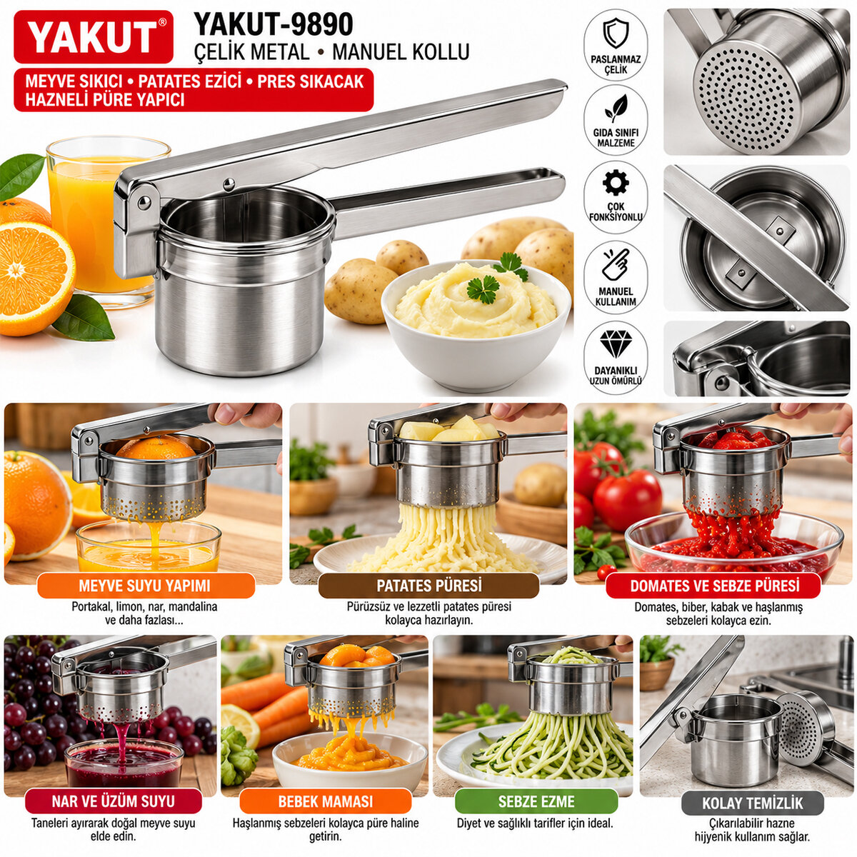 CHEF PRIME YAKUT-9890 ( ÇELİK METAL ) ( MANUEL KOLLU ) ( MEYVE SIKICI ) ( PATATES EZİCİ ) PRES SIKACAK ( HAZNELİ PÜRE YAPICI )*48