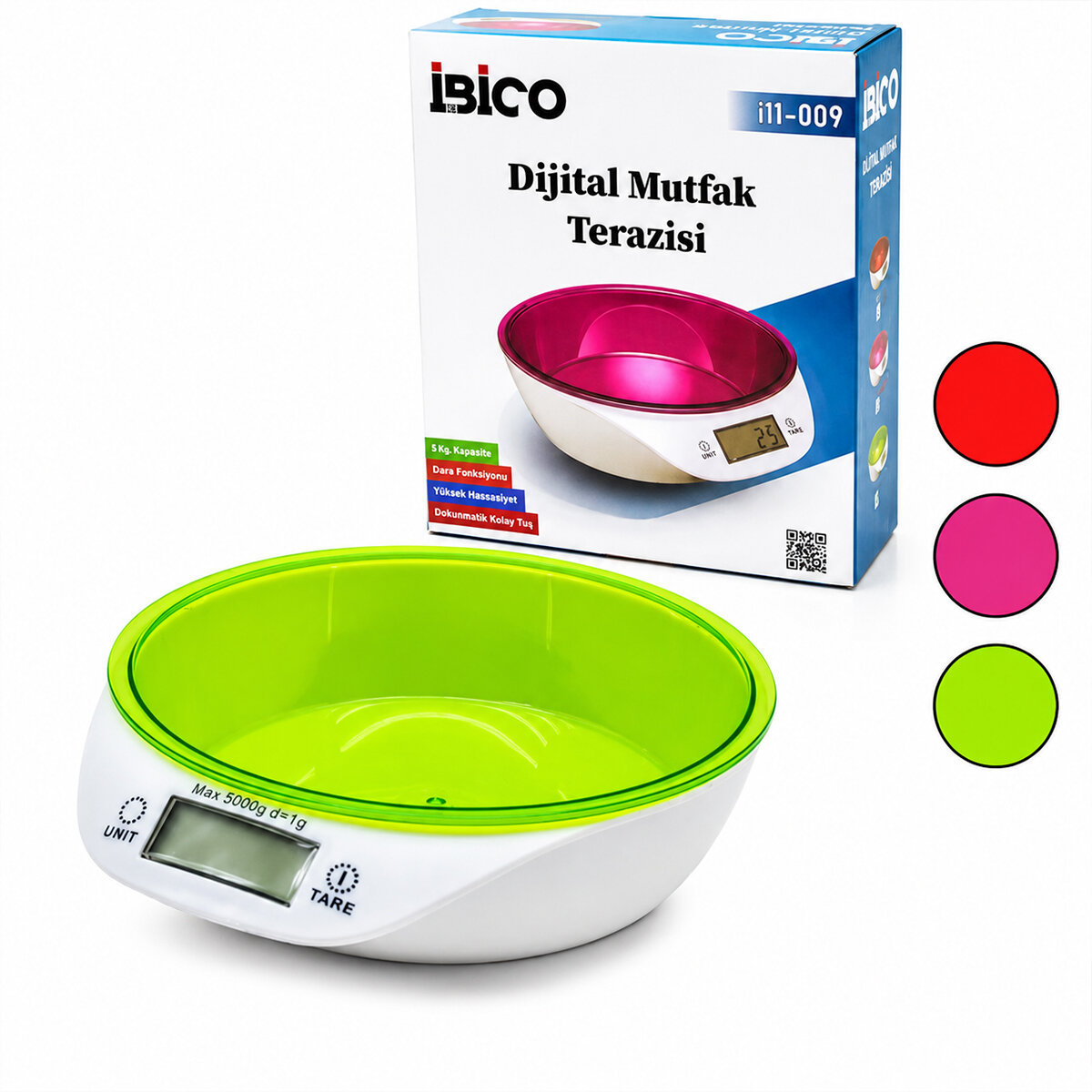 İBİCO İ11-009 ( DİJİTAL & PİLLİ ) MUTFAK TERAZİ TARTI ( KASELİ & 5KG/1GR )*24