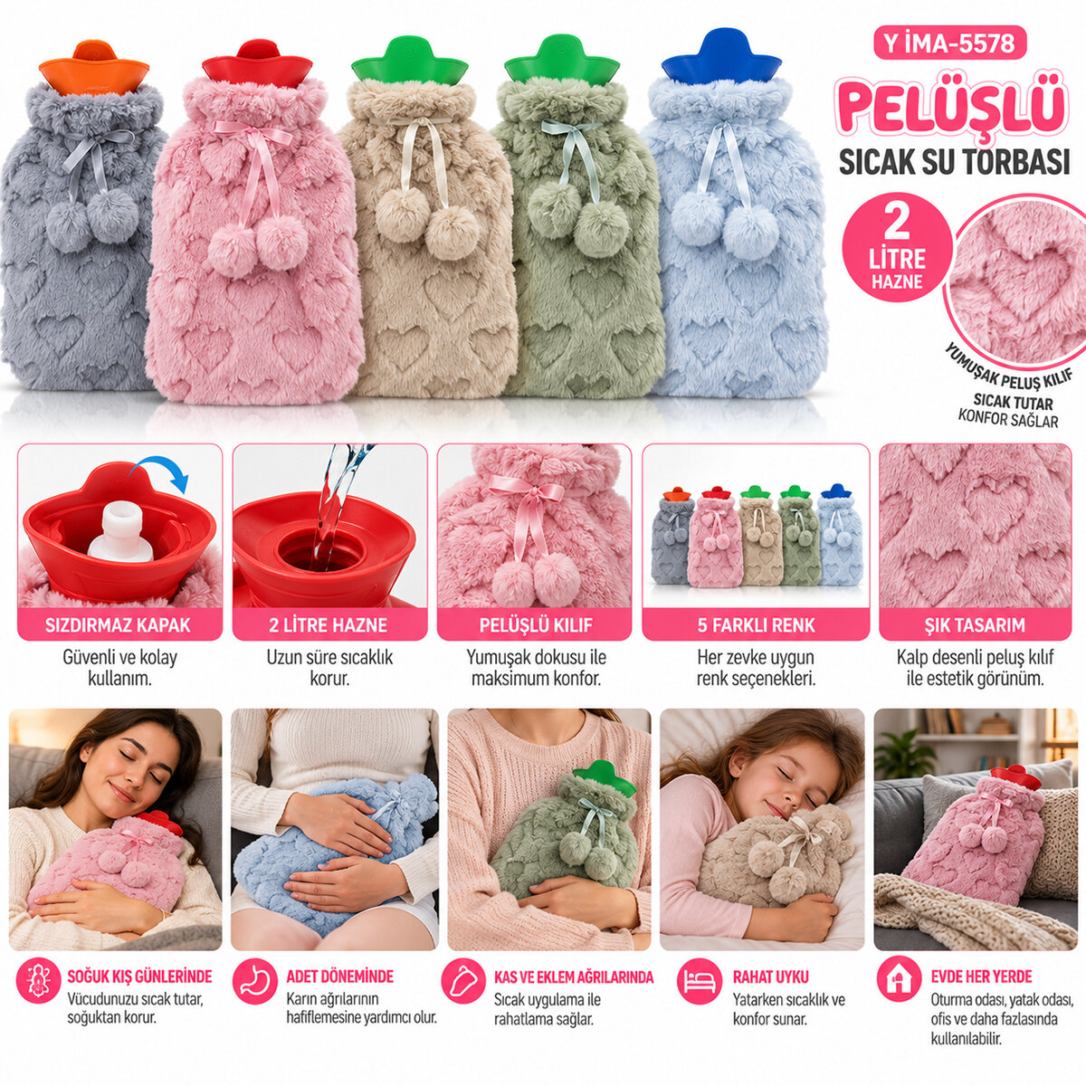 İM@-5578 ( PELUŞLU ) SICAK SU TORBASI RENKLİ ( 2LT )*60